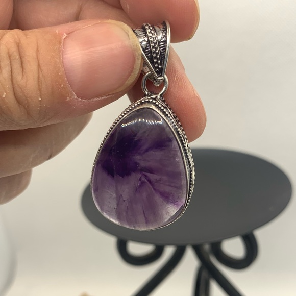 Unique Natural Starburst Amethyst Pendant, Vintage Setting, 925 Sterling Overlay - Picture 10 of 15